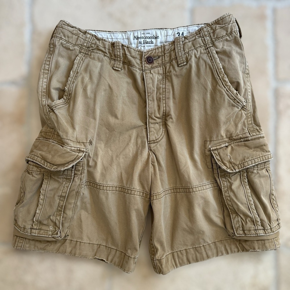 VTG Y2K Abercrombie & Fitch Cargo Shorts Mens 34 Khaki Tan Fatigues Heavy Baggy